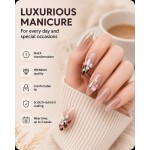 Nude Leopard Print Press‑On Nails with Pink Rhinestones & 3D Butterfly, Sweet‑Cool Long Almond False Nails